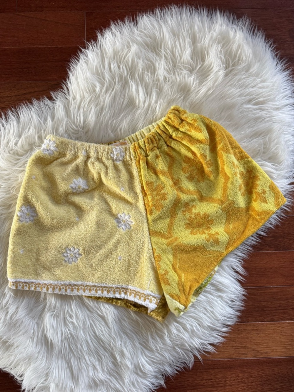 VINTAGE reworked / upcycled towel shorts yellow, gold, white floral pattern